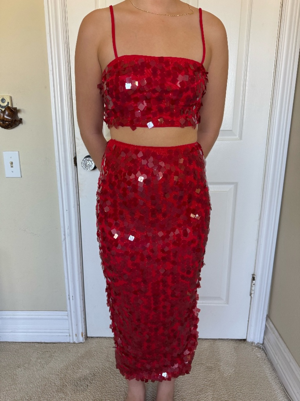 House of Harlow 1960 Red Sequin Two Piece Set XS Crop Top Midi Skirt Party